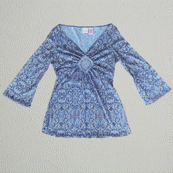 Purple damask gathered blouse with lettuce hem fairy boho hippie Y2K - Picture 1 of 8